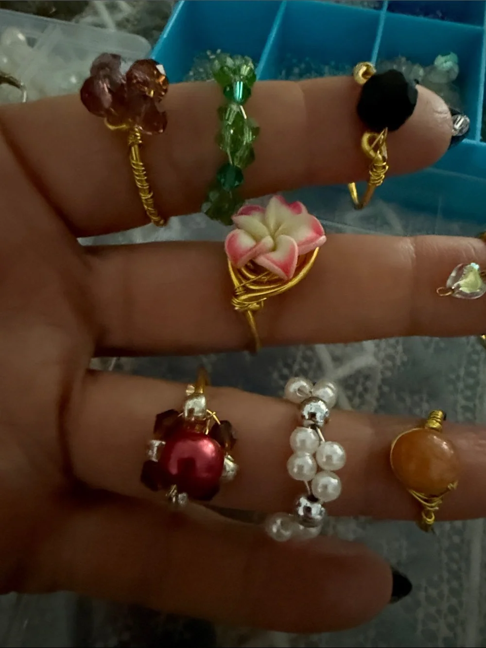 8 Handmade Gold-Tone Mixed Bead Rings - Assorted Colors different sizes